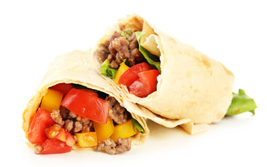 Homemade beef burrito with vegetables and tortilla, isolated on white