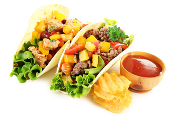 Homemade beef burritos with vegetables and tortilla, isolated on white