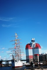 Gothenburg waterfront and Lilla Bommen (House) under blue sky