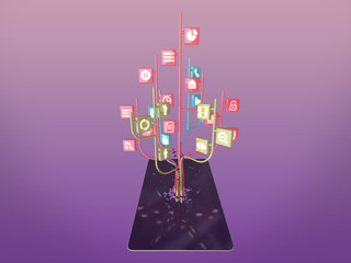 Social media icons set in tree shape on Modern black tablet pc