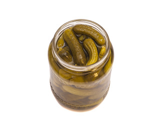 Pickled cucumbers in jar isolated on white