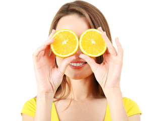 Healthy young woman with sliced orange isolated on white