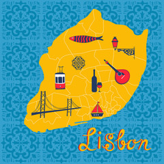 Colorful stylized map of Lisbon with tipical icons and