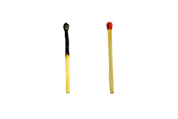 burnt match and red match  isolated on a white background 