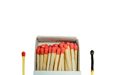 burnt match and red match and open Box of Matches  isolated on a white background