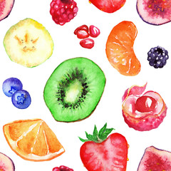 Watercolor fruit berry blueberry blueberries strawberry kiwi orange citrus mandarin lychee pomegranate raspberry seamless pattern background