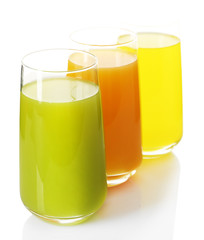 Glasses of different juice isolated on white