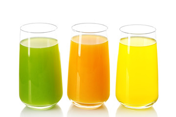 Glasses of different juice isolated on white
