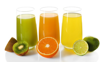 Glasses of different juice with fruits isolated on white