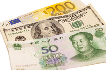 American dollars, European euro and Chinese yuan bills