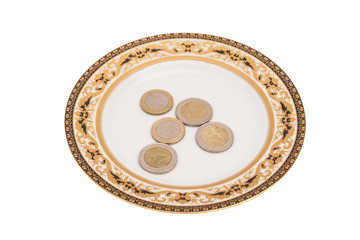euro coins lying on plate