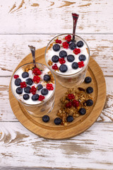 Yogurt, muesli and berries of blueberry and stone bramble