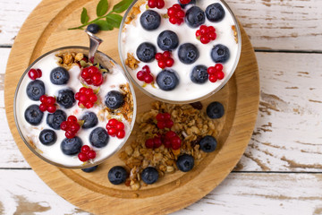 Yogurt, muesli and berries of blueberry and stone bramble