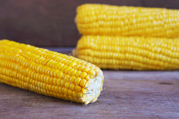 Fresh Corns on Wooden Background.
