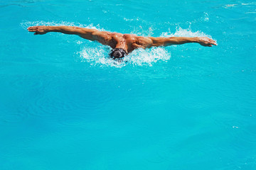 Strong athletic man swimming butterfly style in the pool