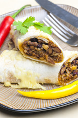 burrito filled with beef minced meat and beans baked with gouda