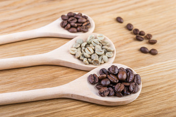 Roasted and green coffee beans in  wooden spoons.