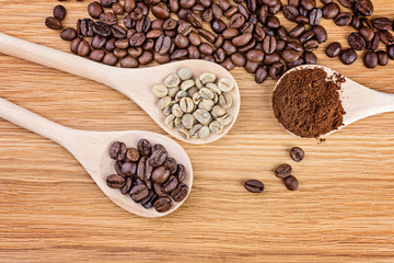  Coffee beans in spoons on wooden background.