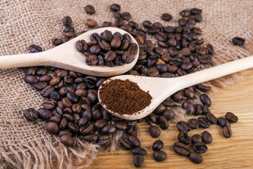 Coffee beans in  wooden spoons.