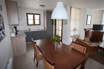 Modern, bright, clean, kitchen interior with stainless steel appliances in a luxury house