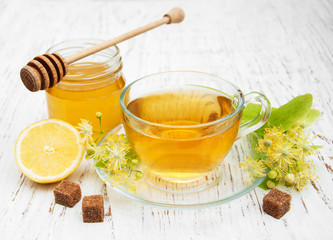 cup of herbal tea with linden flowers