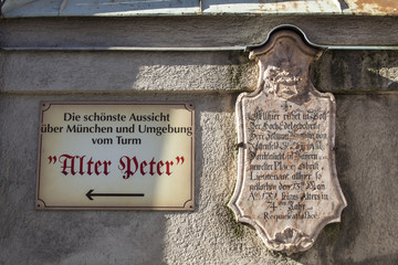 Sign at the St. Peter Church in Munich, Germany, 2015