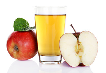 Glass of apple juice with red apples isolated on white
