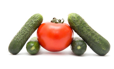 cucumbers and tomatoes on a white background