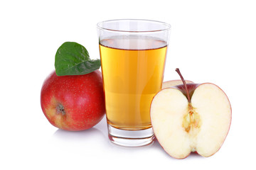Glass of apple juice with red apples isolated on white