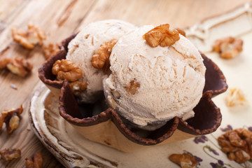 Fresh nut ice cream in waffle cup