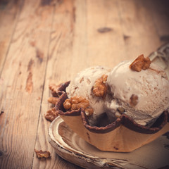 Fresh nut ice cream in waffle cup