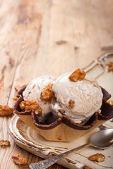 Fresh nut ice cream in waffle cup