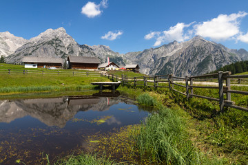 Rural scene in Alps with a lake in the foreground. Austria, Walderalm.