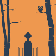 Halloween card background with trees, tombstone and owl