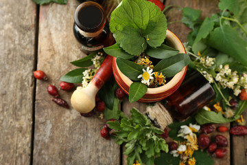 Herbs, berries and flowers with mortar, on wooden table background