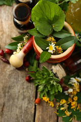 Herbs, berries and flowers with mortar, on wooden table background