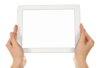 Hands holding tablet isolated on white