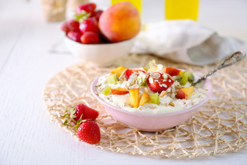 Healthy breakfast with homemade oatmeal, close up