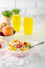 Healthy breakfast with homemade oatmeal, close up