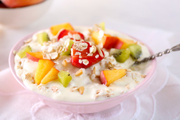 Healthy breakfast with homemade oatmeal, close up