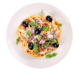 Pasta Bolognese with parmesan and basil isolated on white