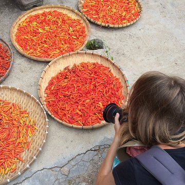 Young woman taking picture of the basket with red pepper