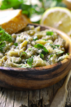 Eggplant salad with olive oil,herb and garlic.