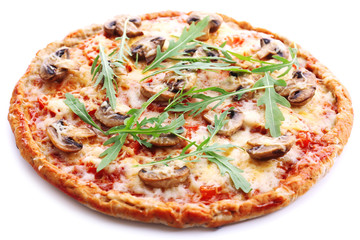 Tasty pizza with vegetables and arugula isolated on white