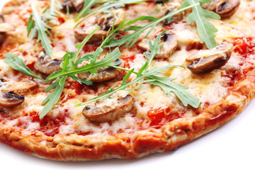 Tasty pizza with vegetables and arugula close up