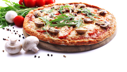 Tasty pizza with vegetables and arugula isolated on white