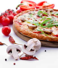 Tasty pizza with vegetables and arugula isolated on white