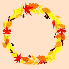Naklejka na ściany i meble Autumn wreath with leaves, acorns and rowanberry