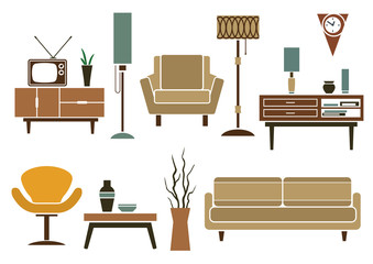 Retro flat furniture and interior icons
