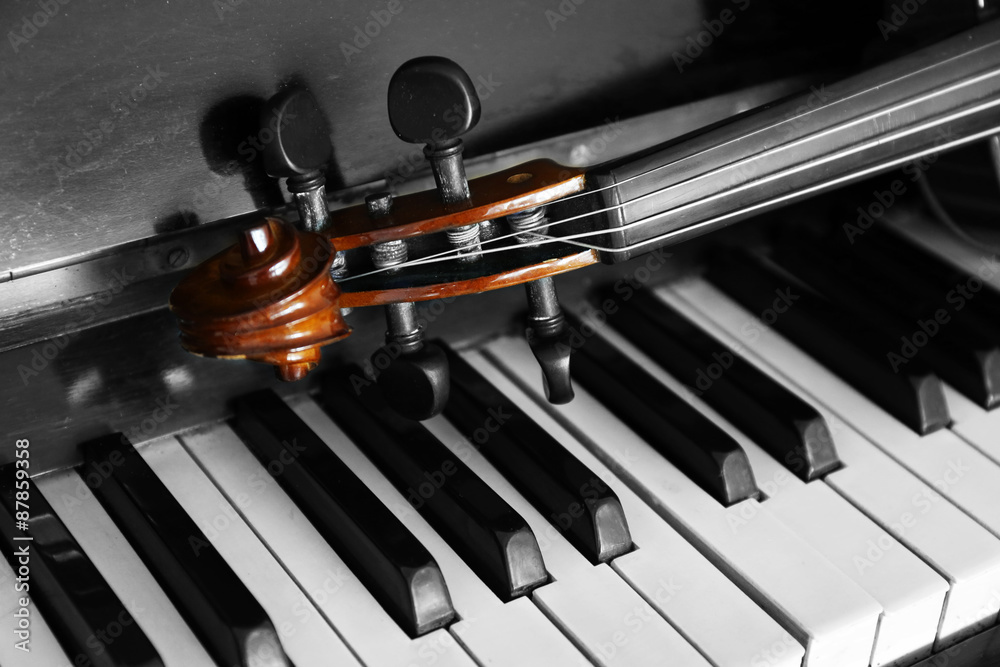 Poster violin on piano keys, closeup